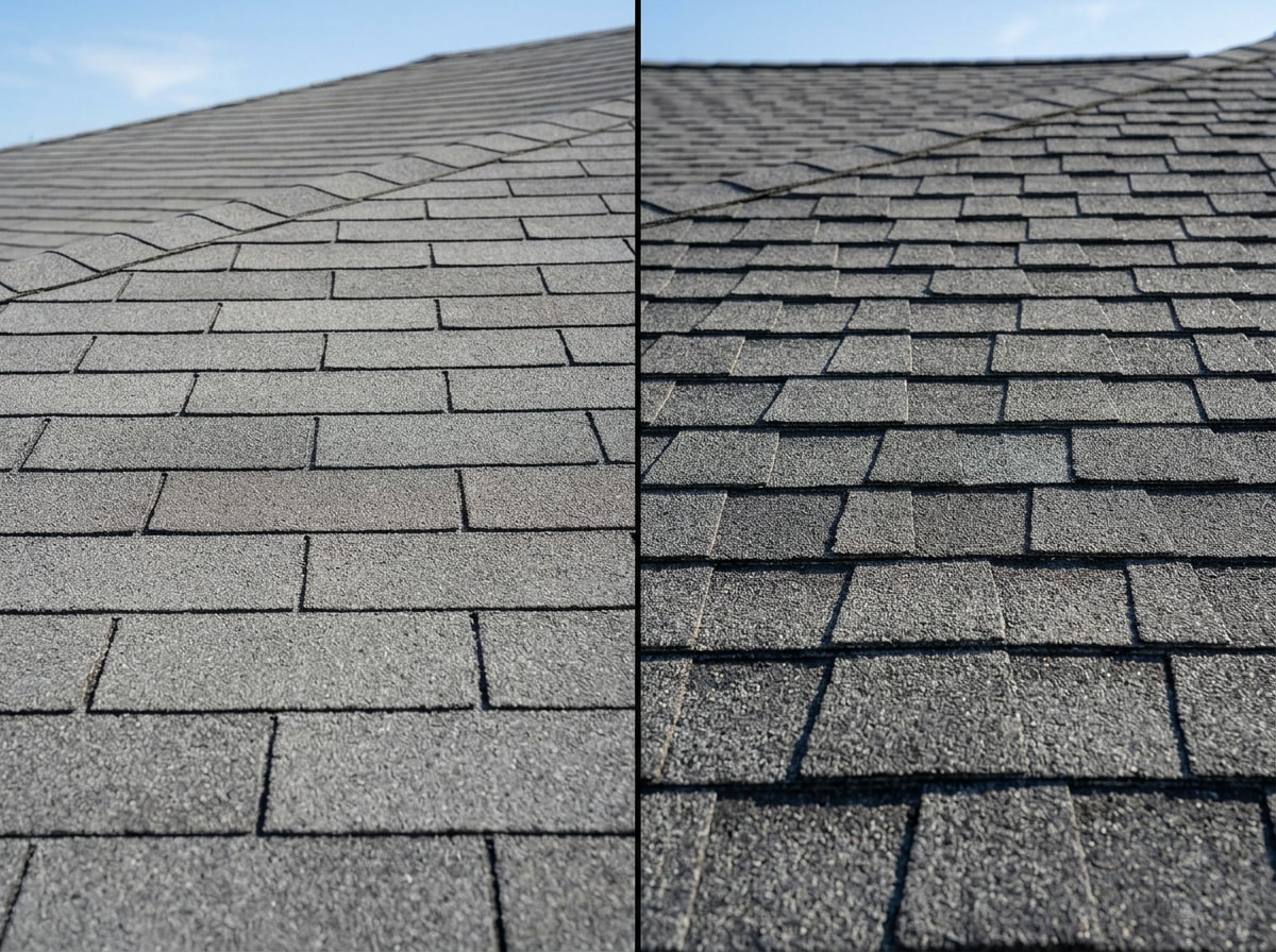 Side-by-side comparison of 3-tab and architectural asphalt shingle roofs on Florida homes