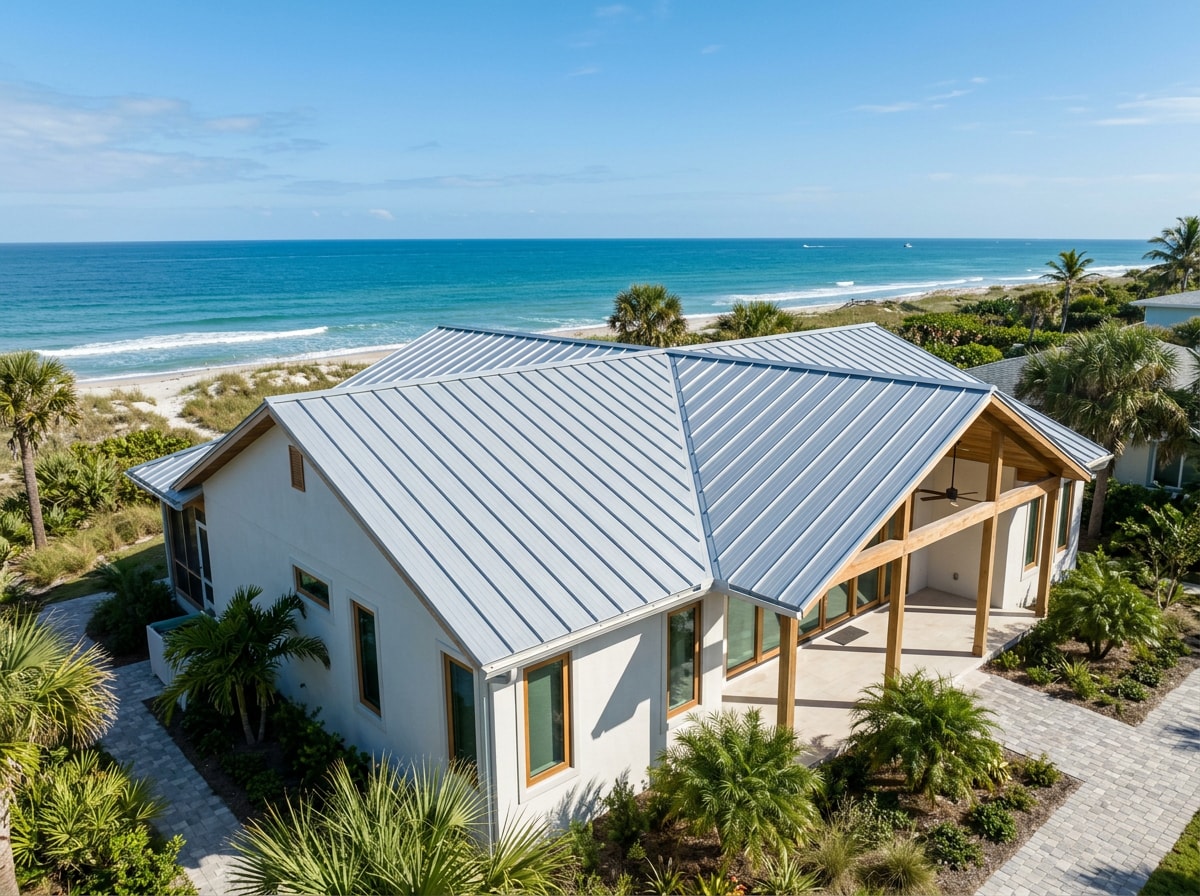 Standing seam metal roof installed on a coastal Florida home near the water