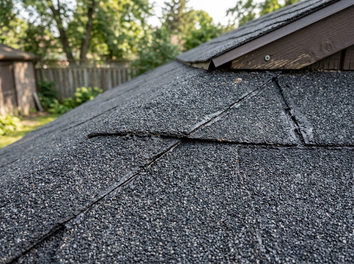 Rolled roofing material installed on a backyard shed roof