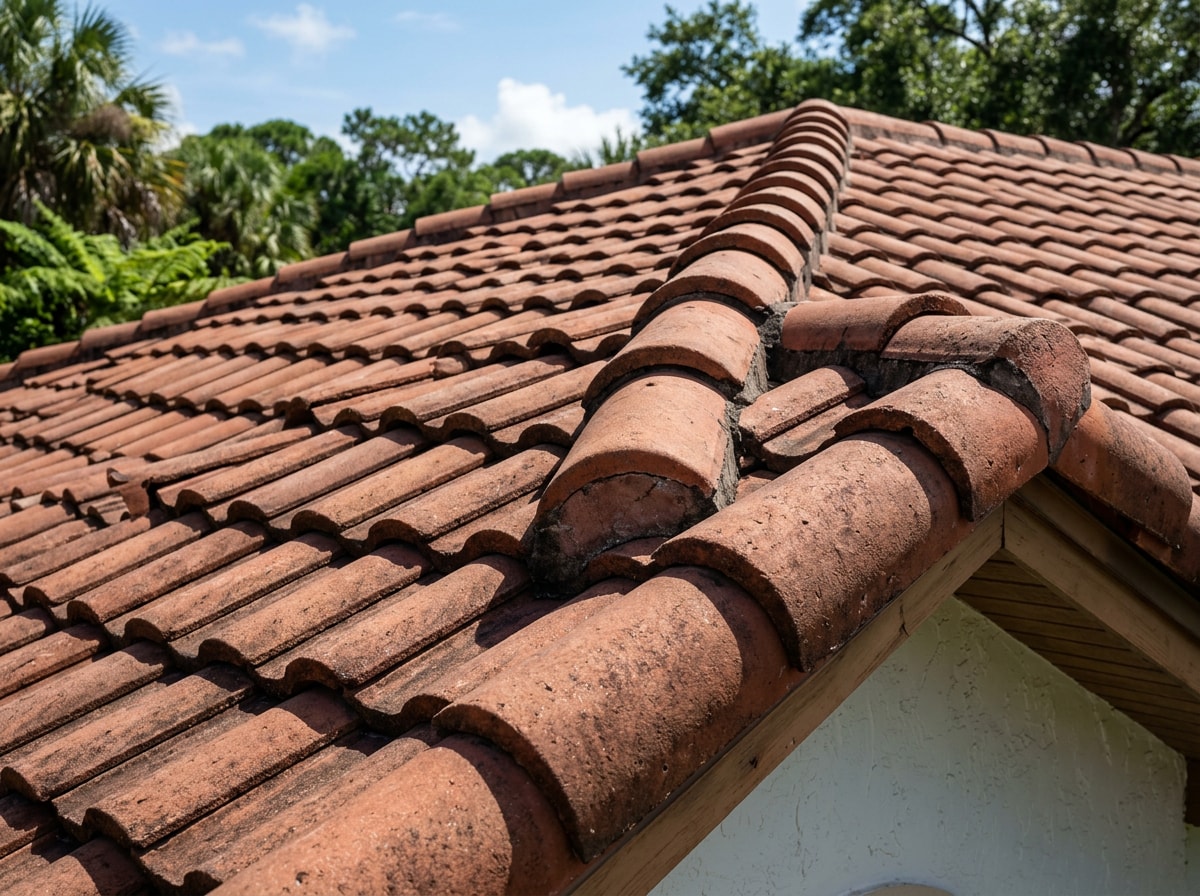 Close-up of concrete tile roofing on a Florida-style home