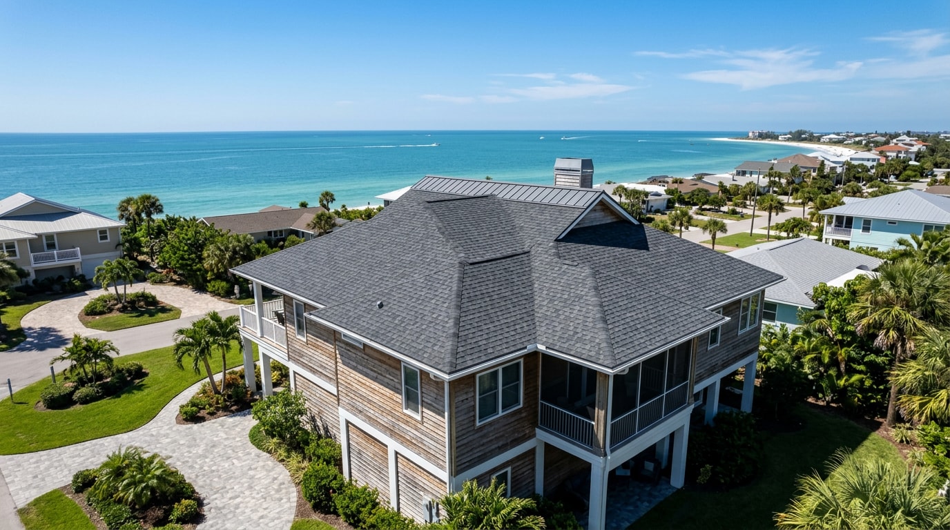 Newly installed architectural shingle roof on a coastal Florida home near the Gulf