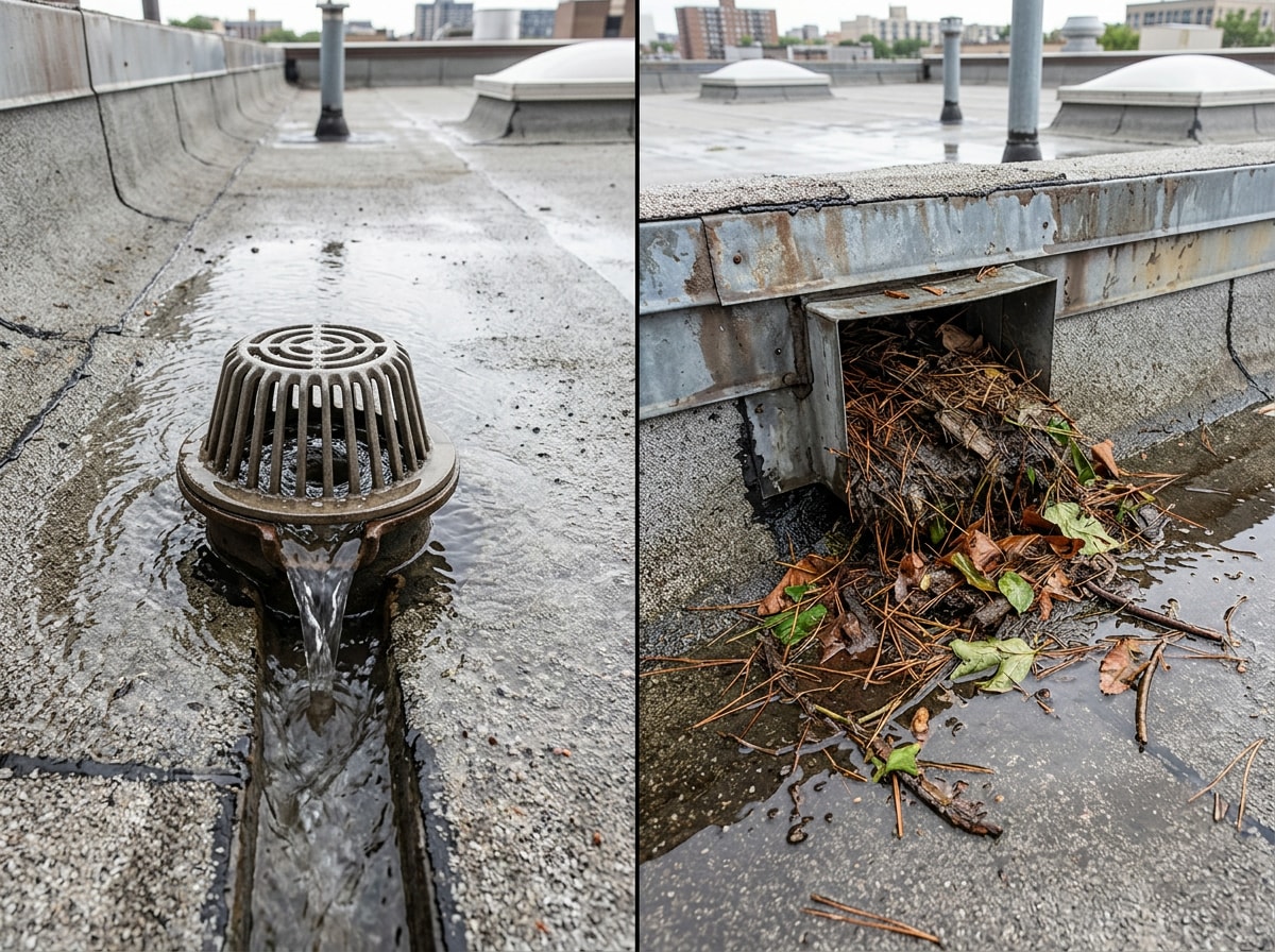 Clear commercial roof drain next to a scupper clogged with pine needles and leaves