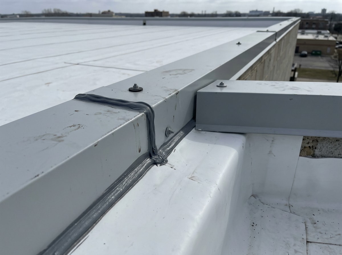 Flat-roof technician's view of sealed flashing and a clean membrane field on a commercial building