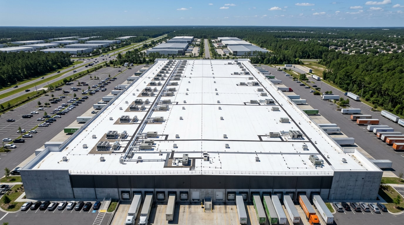 Aerial view of a well-maintained flat commercial roof in Monticello, FL
