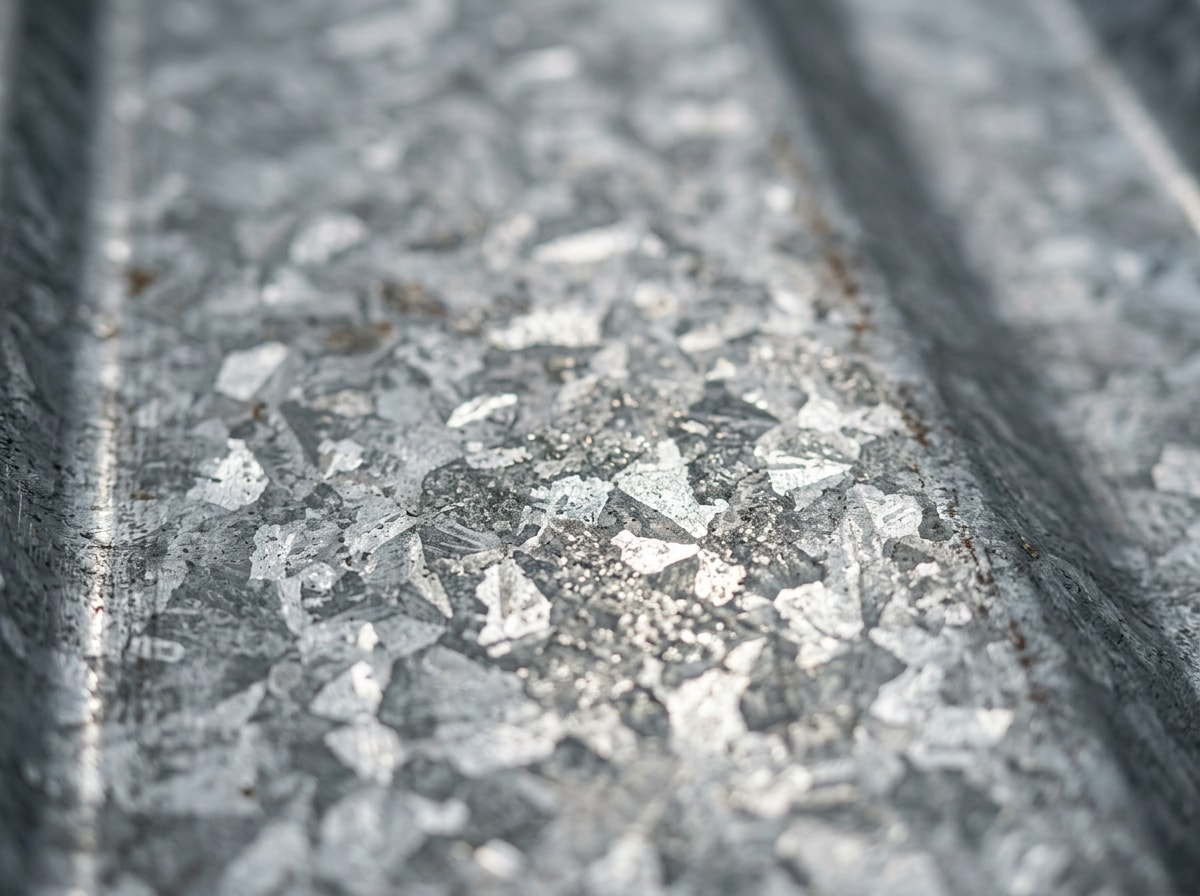 Close-up of unpainted mill-finish galvalume steel roof panel texture