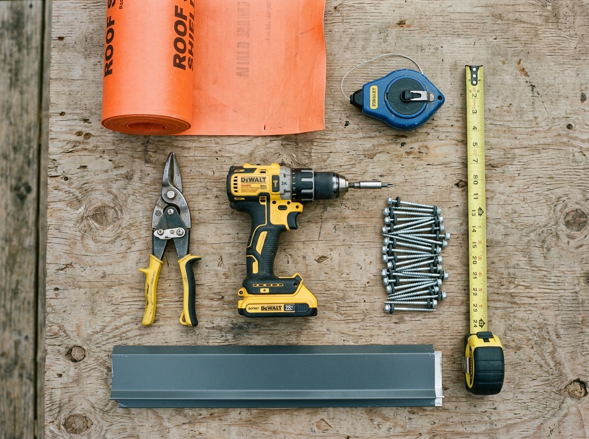 Flat-lay of metal roofing tools and materials including tin snips, screws, drip edge, and underlayment