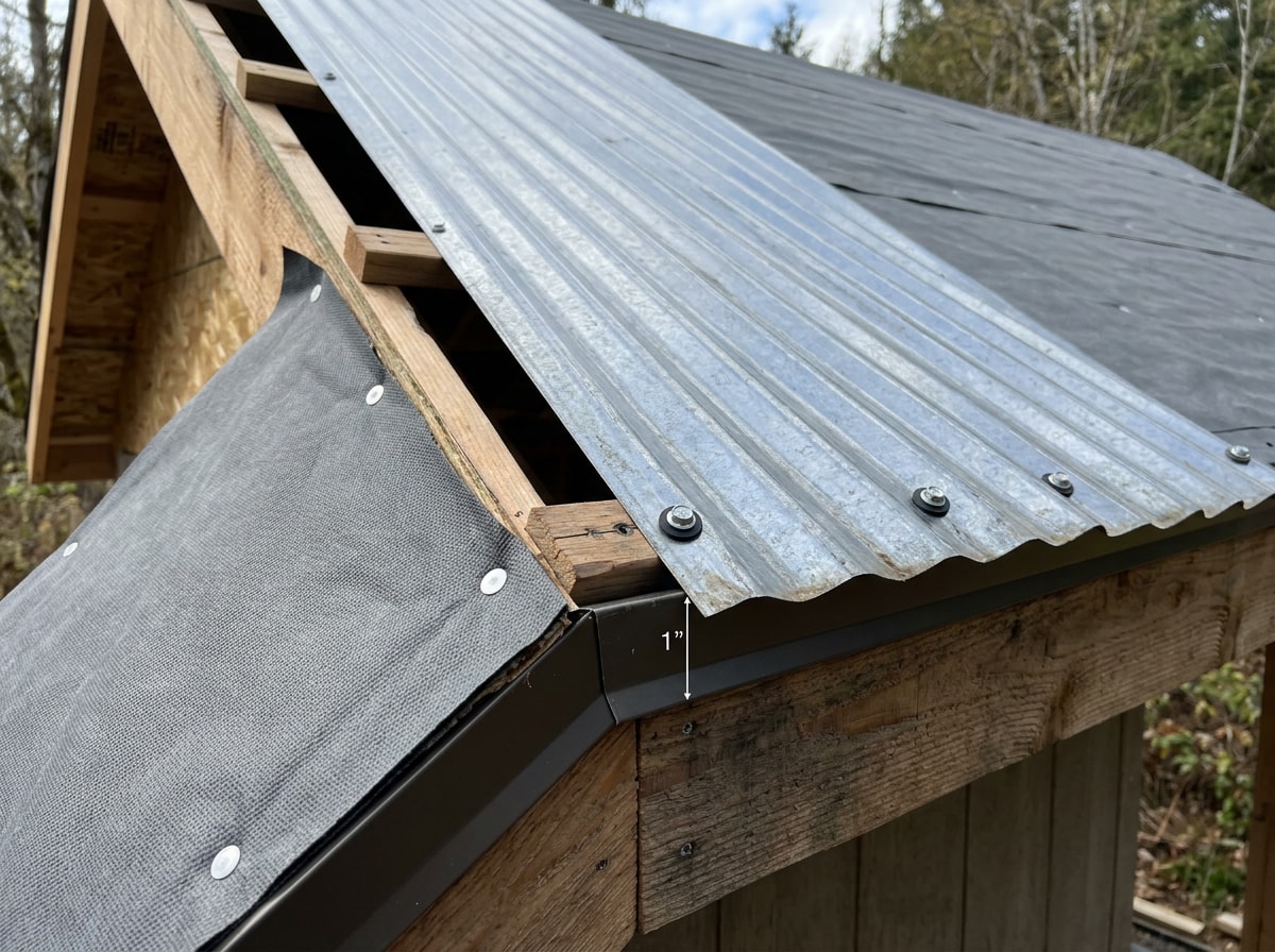 Close-up of the first metal roof panel aligned and overhanging the drip edge at a shed's eave corner