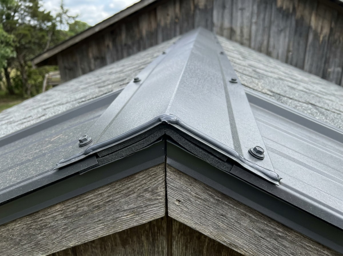 Finished metal roof ridge cap installation on a shed with sealant visible at the seam