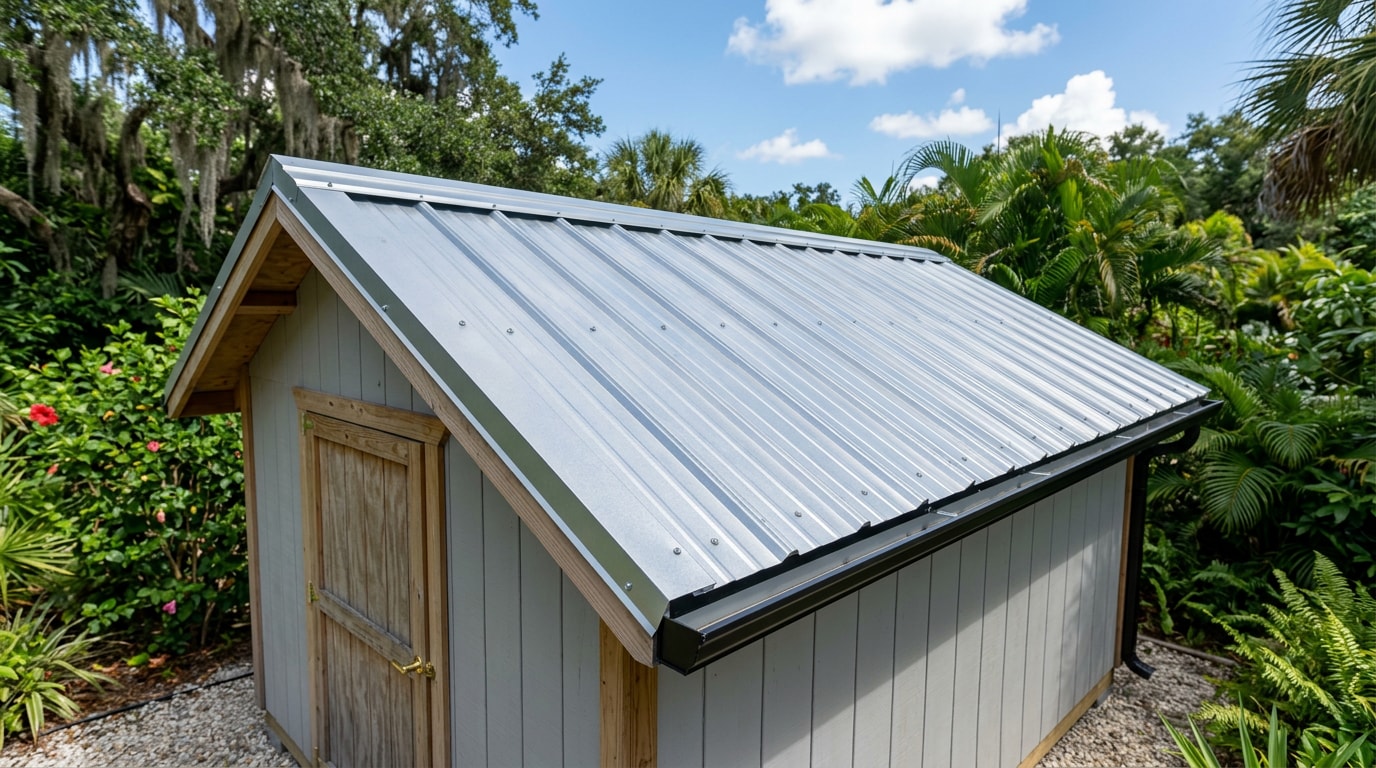 Finished metal roof installation on a backyard shed in Crawfordville, FL