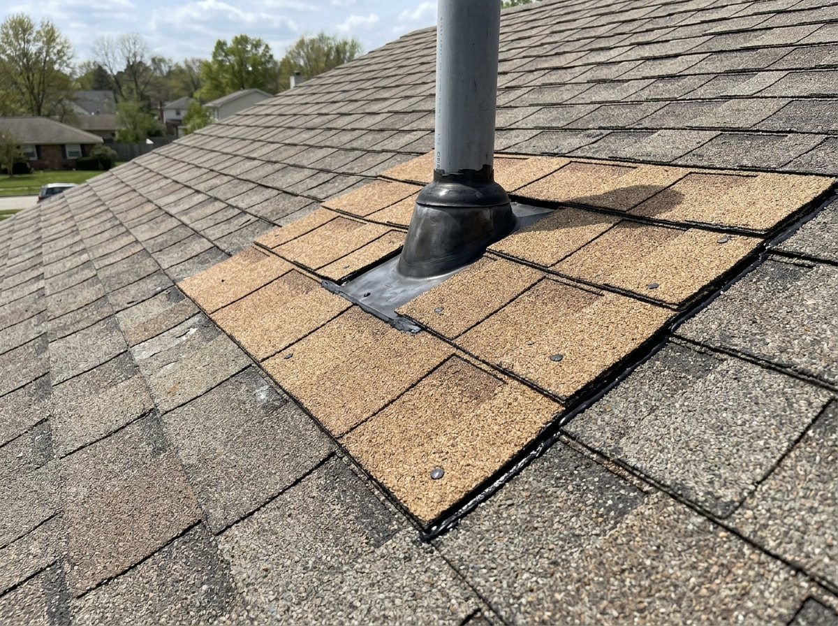 Close-up of a freshly repaired asphalt shingle patch on a residential roof