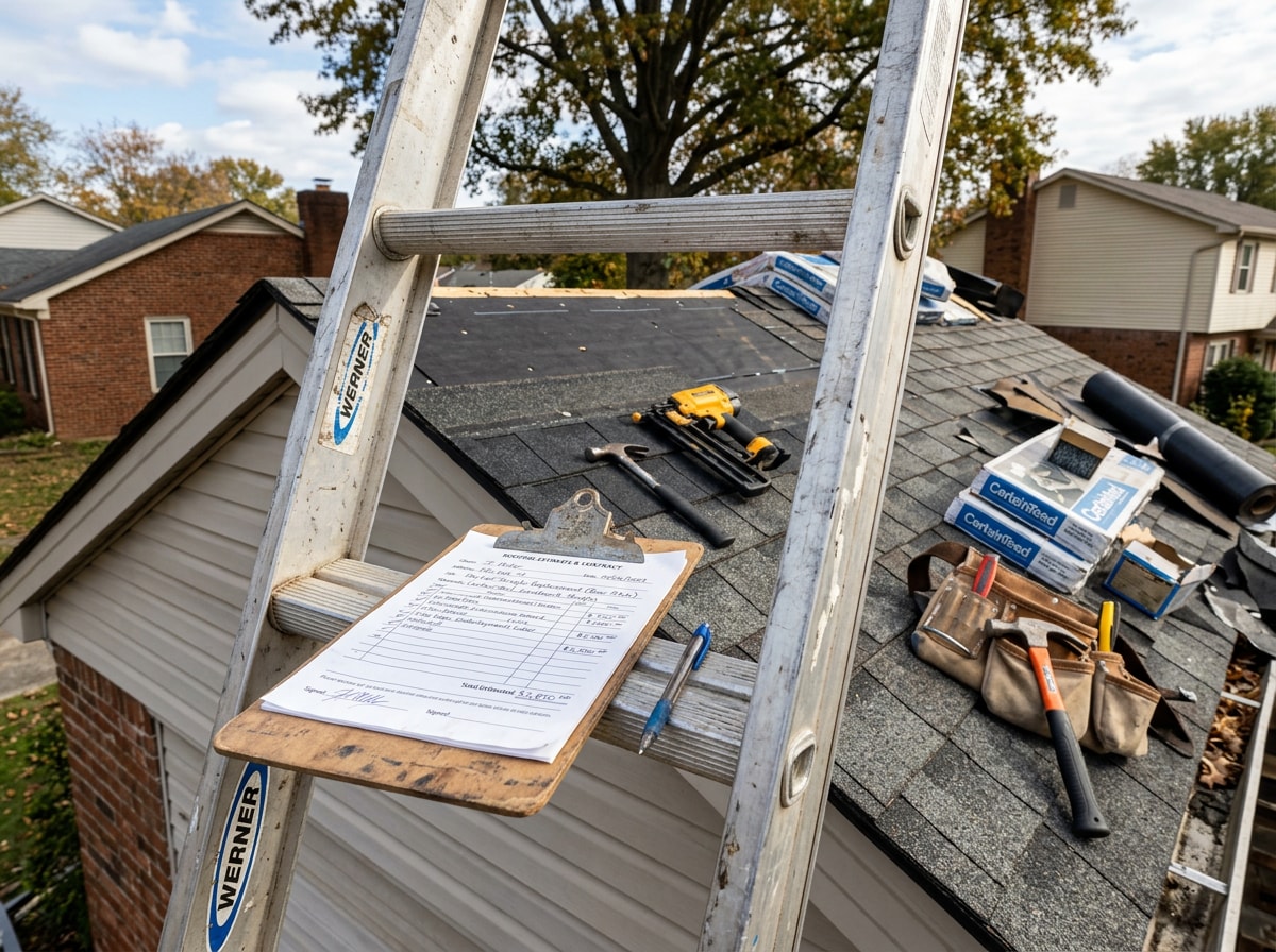 Roofing contractor reviewing a written estimate clipboard on a ladder beside a repaired roof section