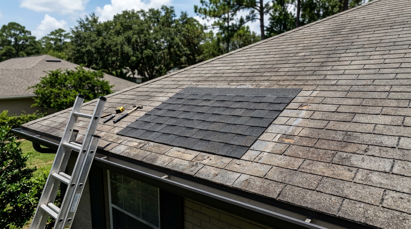 Residential asphalt shingle roof in Tallahassee FL with a freshly completed repair patch