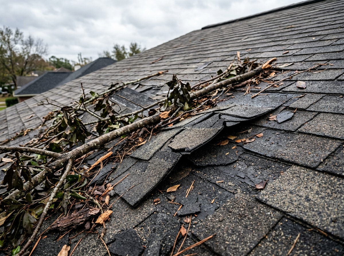 Lifted shingles and storm debris on a Florida Panhandle roof after high wind
