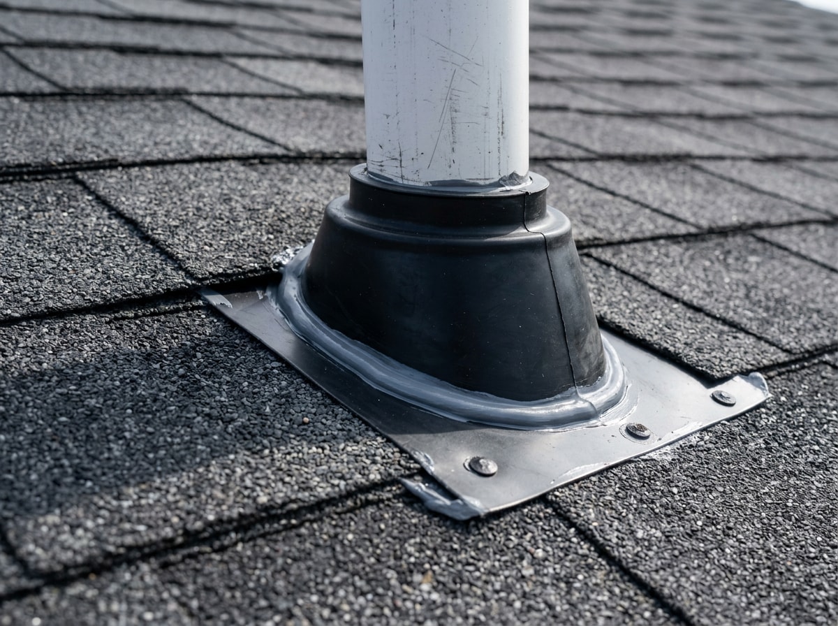 Close-up of sealed flashing and a newly caulked roof vent penetration during a maintenance visit