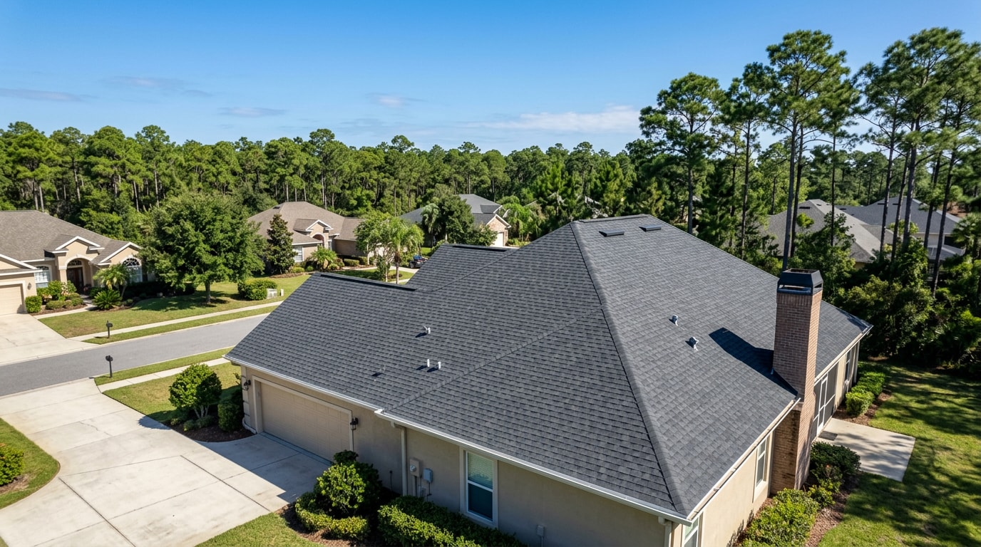 Well-maintained residential asphalt shingle roof in the Florida Panhandle under clear sky