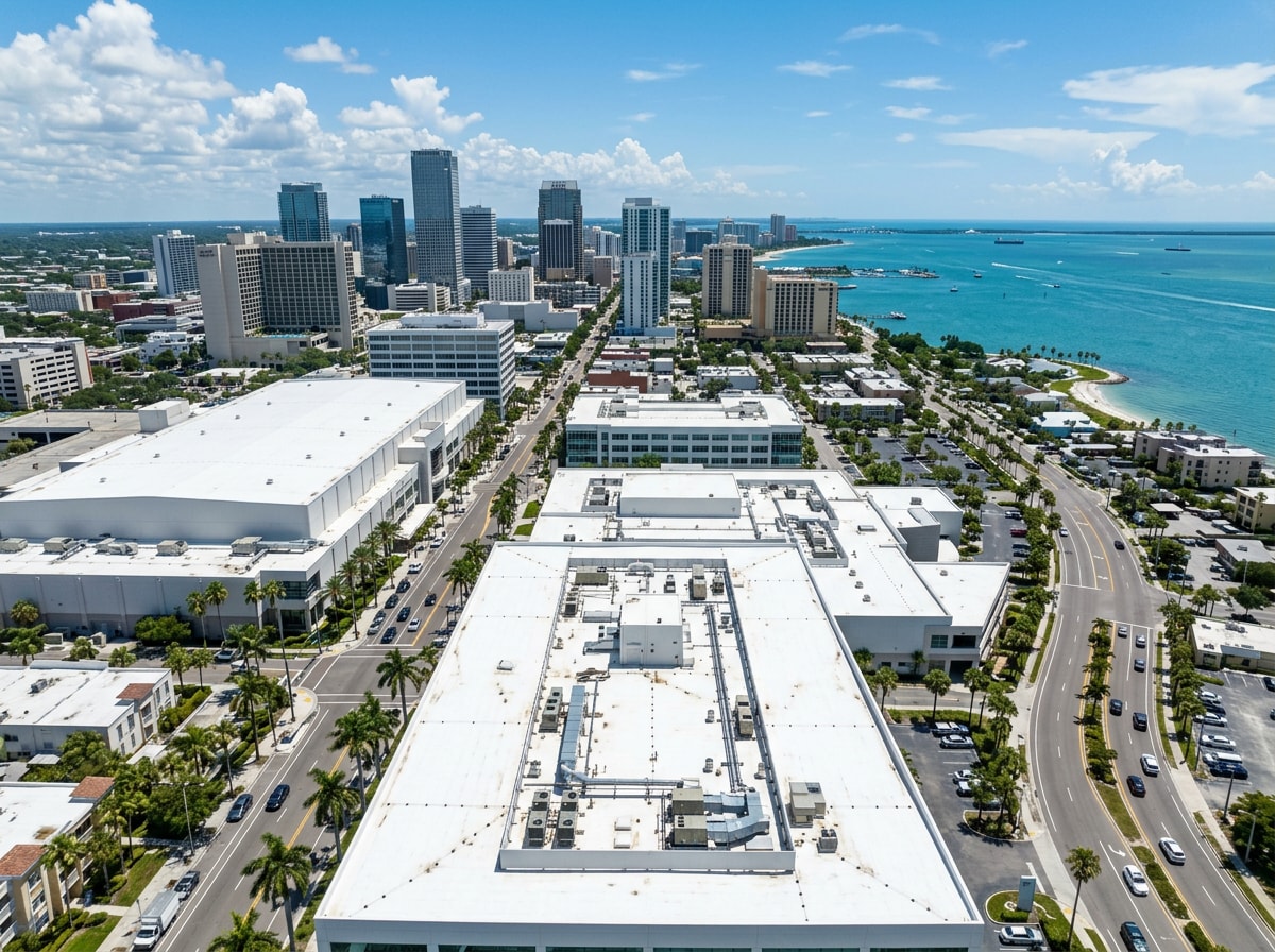Aerial view of flat commercial rooftops with TPO membrane along the Panama City, FL Gulf Coast