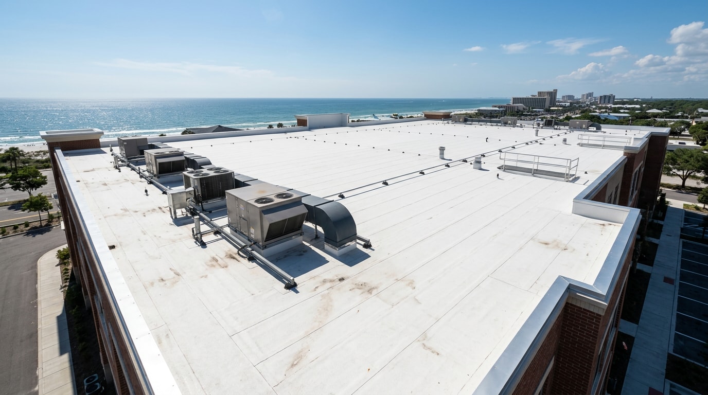 Finished white TPO roofing membrane on a commercial building in Panama City, FL Finished white TPO roofing membrane on a commercial building in Panama City, FL