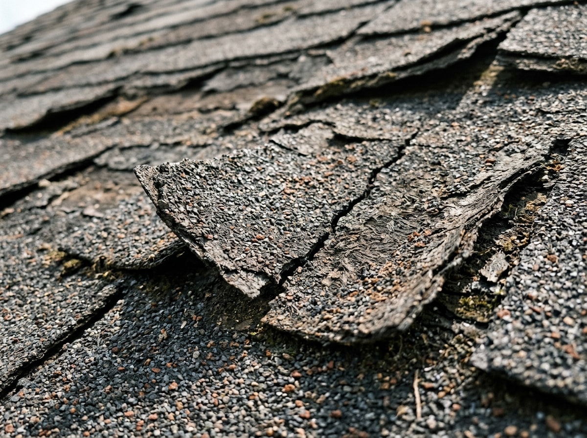 Close-up of cracked and curled asphalt shingles showing granule loss on a Gainesville, FL roof