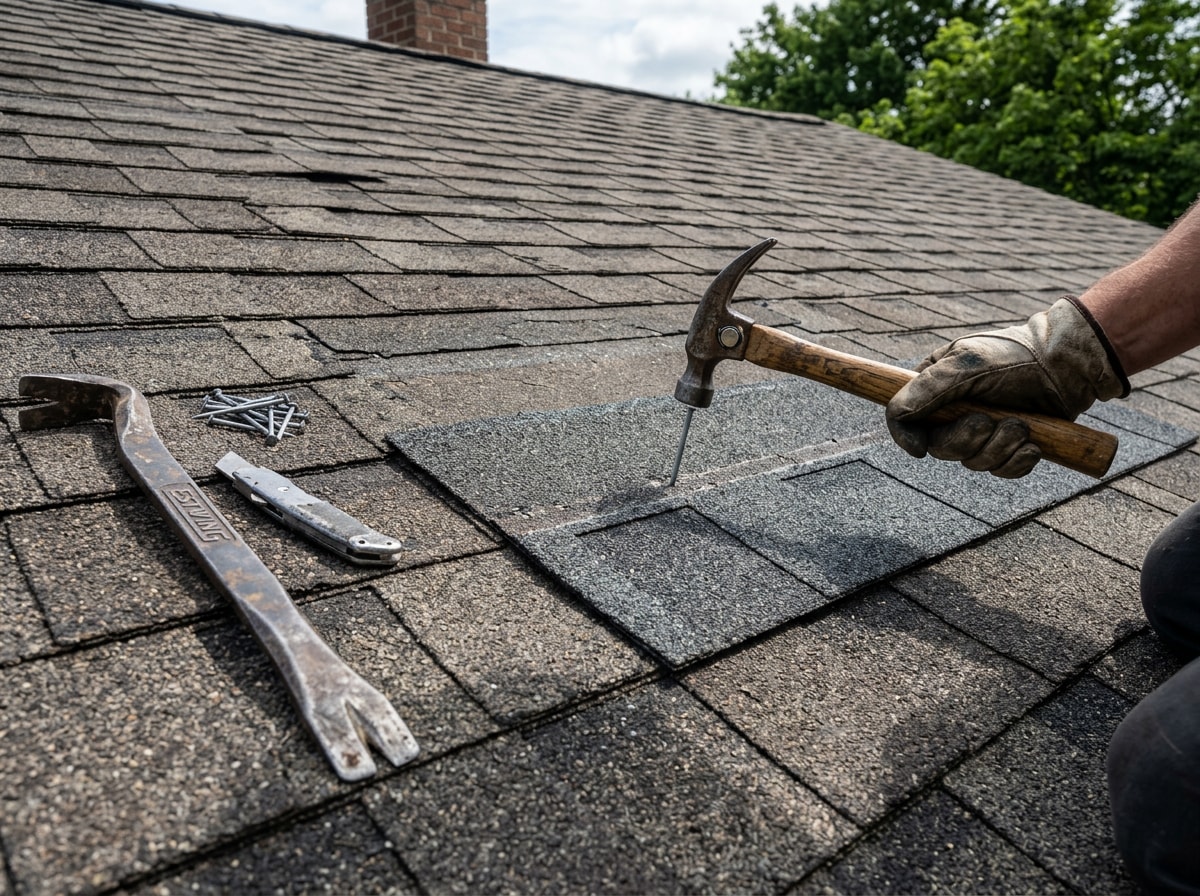 Roofer replacing a single damaged shingle during a shingle repair job in Gainesville, FL
