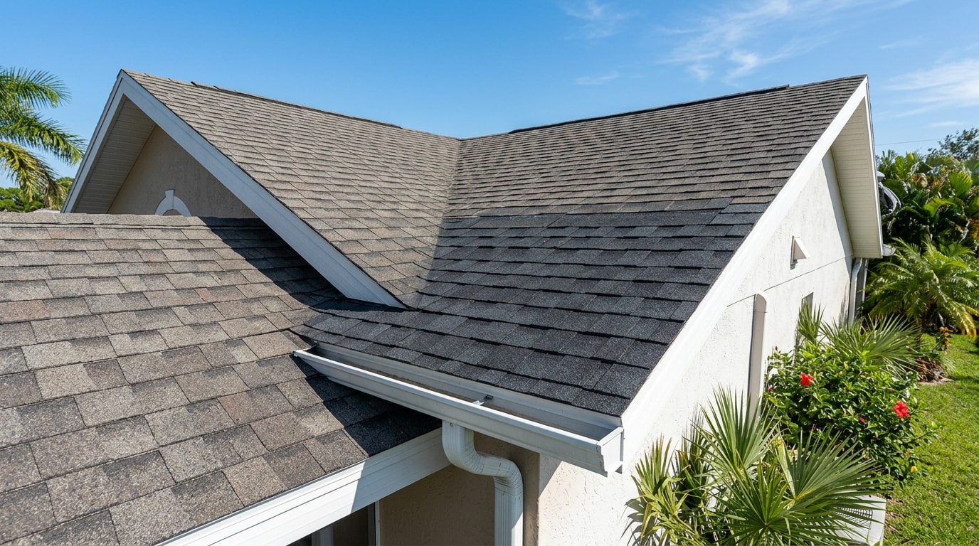 Freshly repaired asphalt shingle roof section on a Gainesville, FL home
