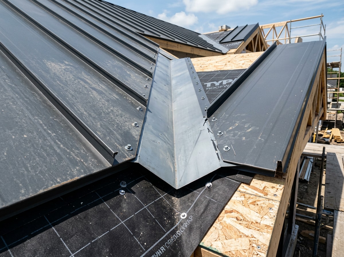 Steel roof installation in progress showing flashing and fastener detail