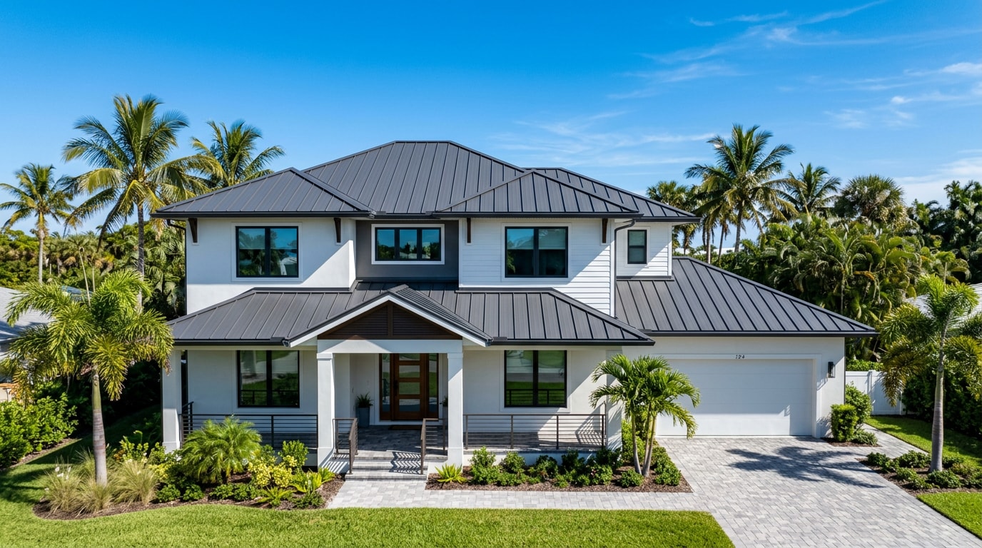 Finished standing seam steel roof installation on a Florida Panhandle home
