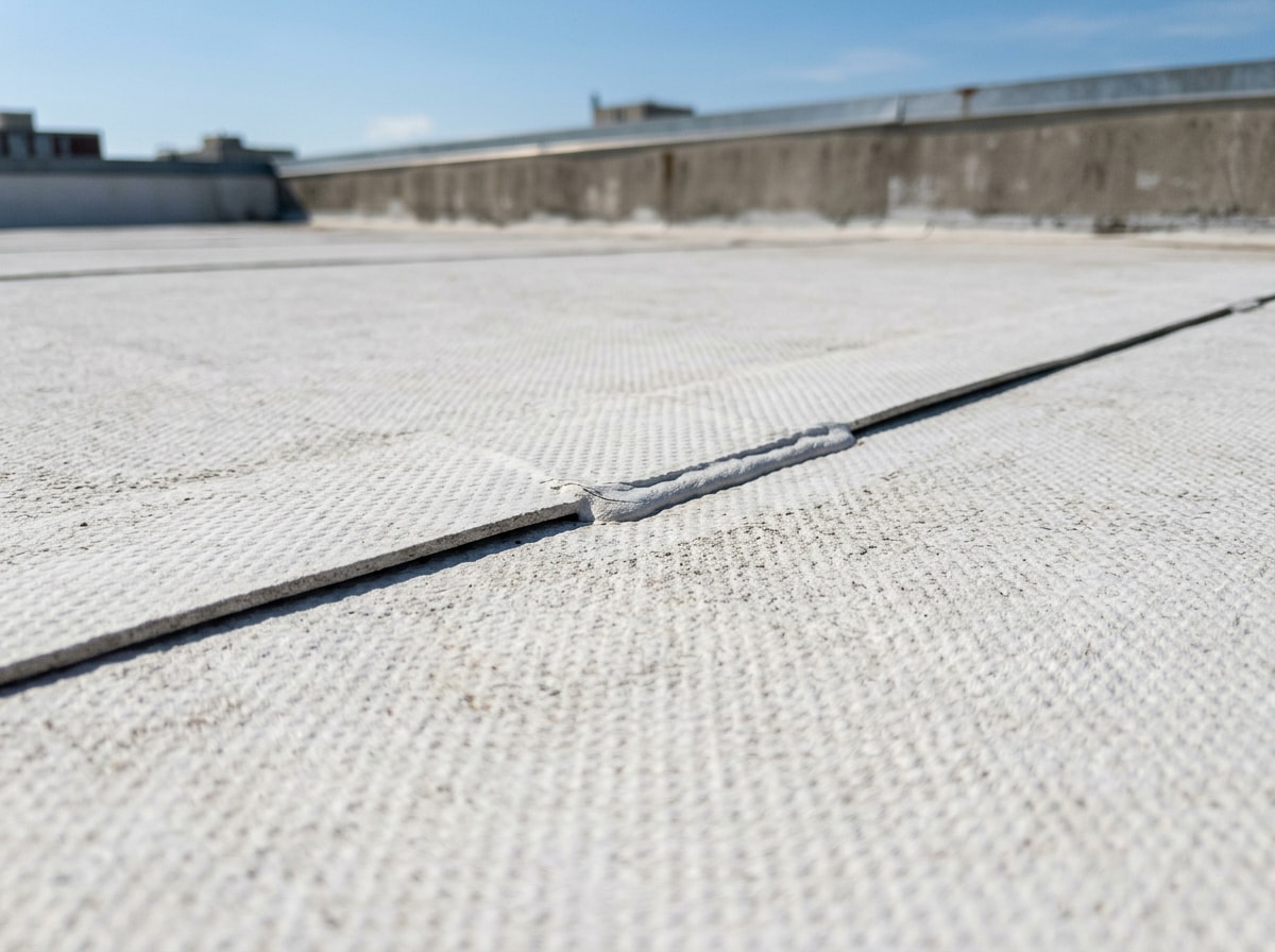 Close-up of a white TPO membrane roof installed on a flat commercial building in Tallahassee, FL