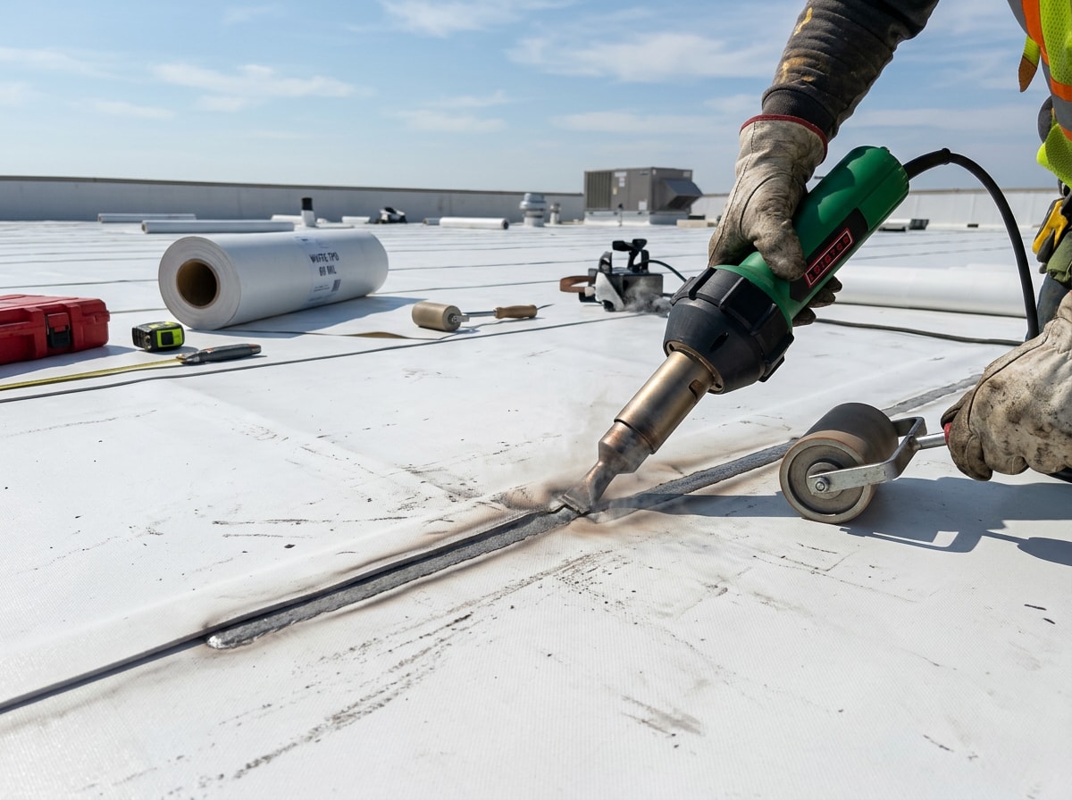 Roofing crew heat-welding TPO membrane seams during a flat roof installation
